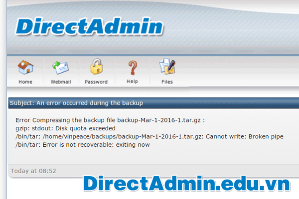 Lỗi Cannot create User Backup / New Message An error occurred during the backup 2 Disk quota exceeded