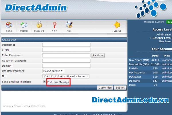 Directadmin Edit User Message