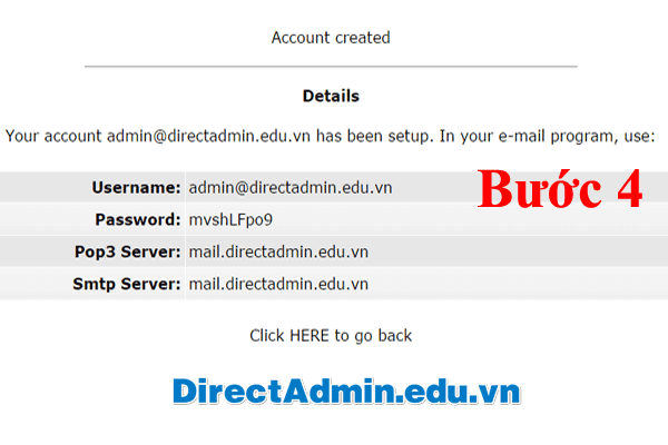 Su dung email hosting directadmin 4 Account created