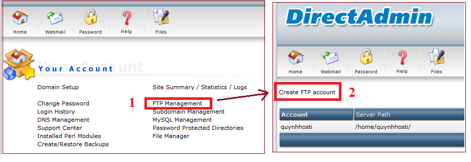 Hướng dẫn tạo FTP trong Directadmin (FTP Management) FTP Management, Create Directadmin FTP account, tạo FTP, tạo tài khoản FTP