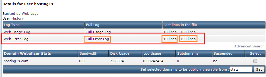 Web Error Log, Backed up Web, Logs User History, Site Summary Statistics Logs. Cách check log lỗi truy cập website trong Direct Admin - Web Error Log 