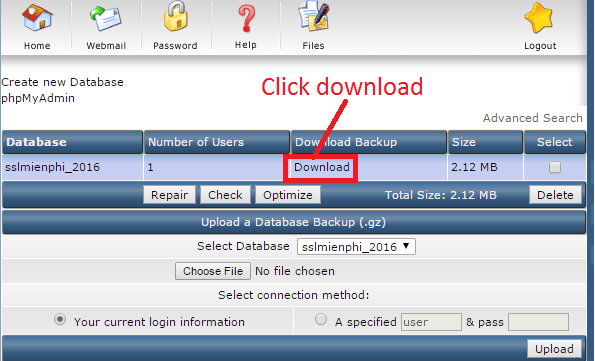 Hướng dẫn sao lưu (backup) database trên Hosting sử dụng controlpanel DirectAdmin 3 Chọn và tài database cần backup