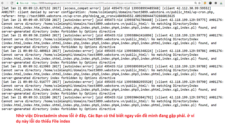 Cách check log lỗi truy cập website trong Direct Admin - Web Error Log