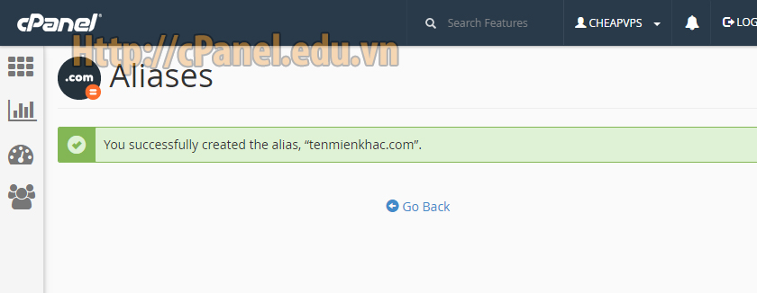 Thông báo thêm tên miền Alias thành công trong host cPanel