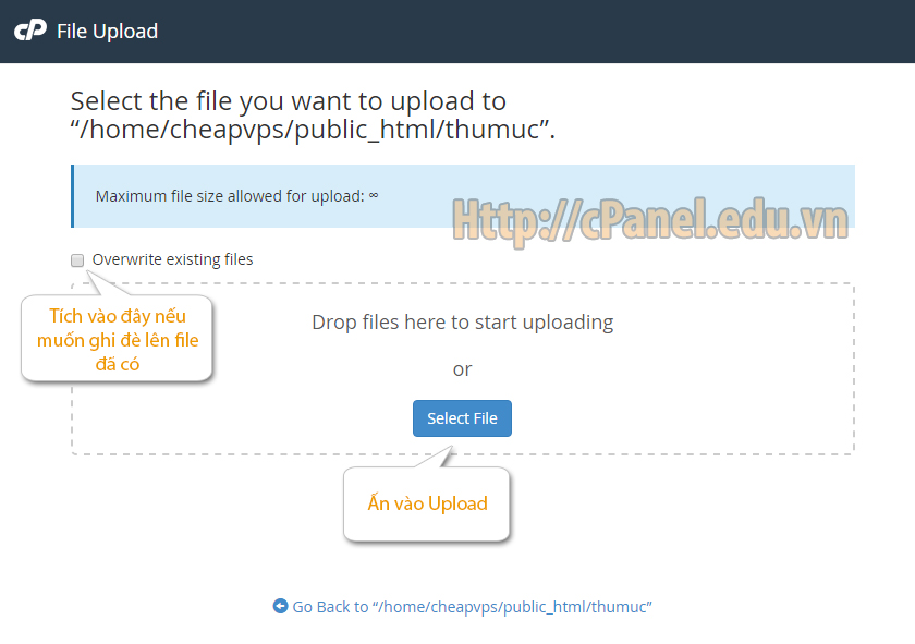 Giao diện Upload file trong cPanelGiao diện Upload file trong cPanel