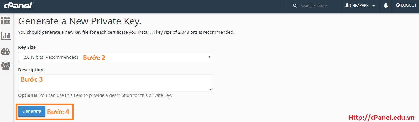 Tạo key mới trong SSL/TLS - cPanel