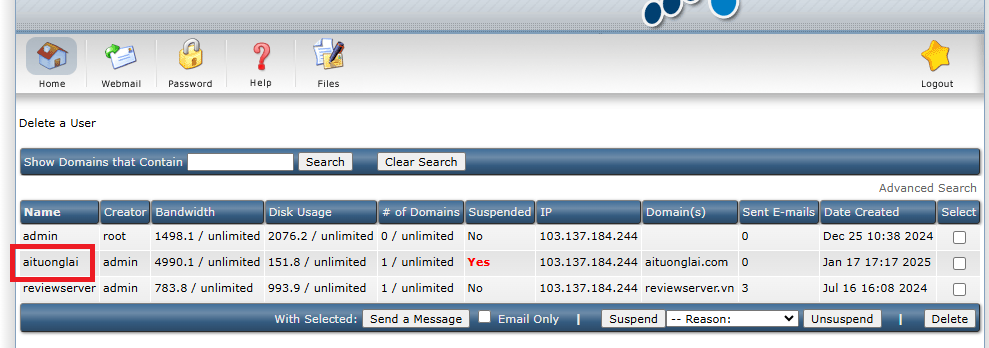 Change Passwords 3 danh sach user