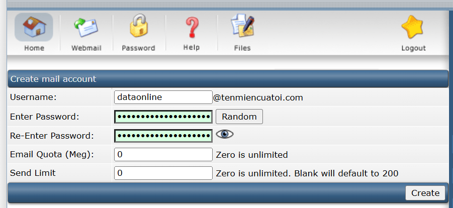 Hướng dẫn tạo email trong Direct Admin - Tạo Email theo tên miền riêng trên Mail server 4 Create mail account