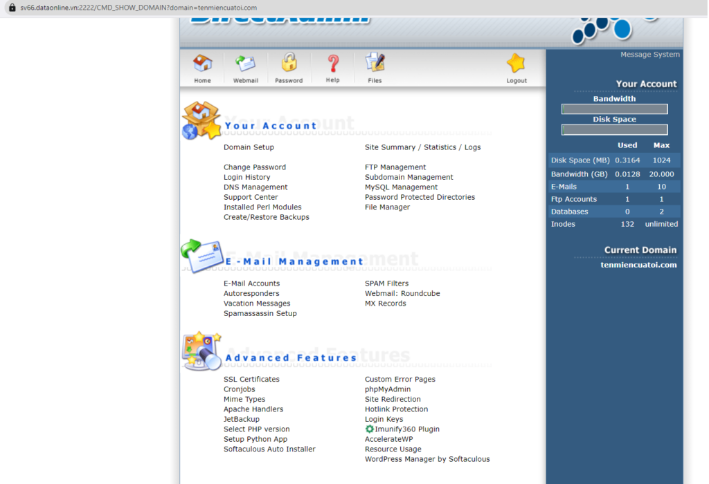 Giao diện tổng quát Hosting DirectAdmin - Gói Hosting miễn phí 1GB