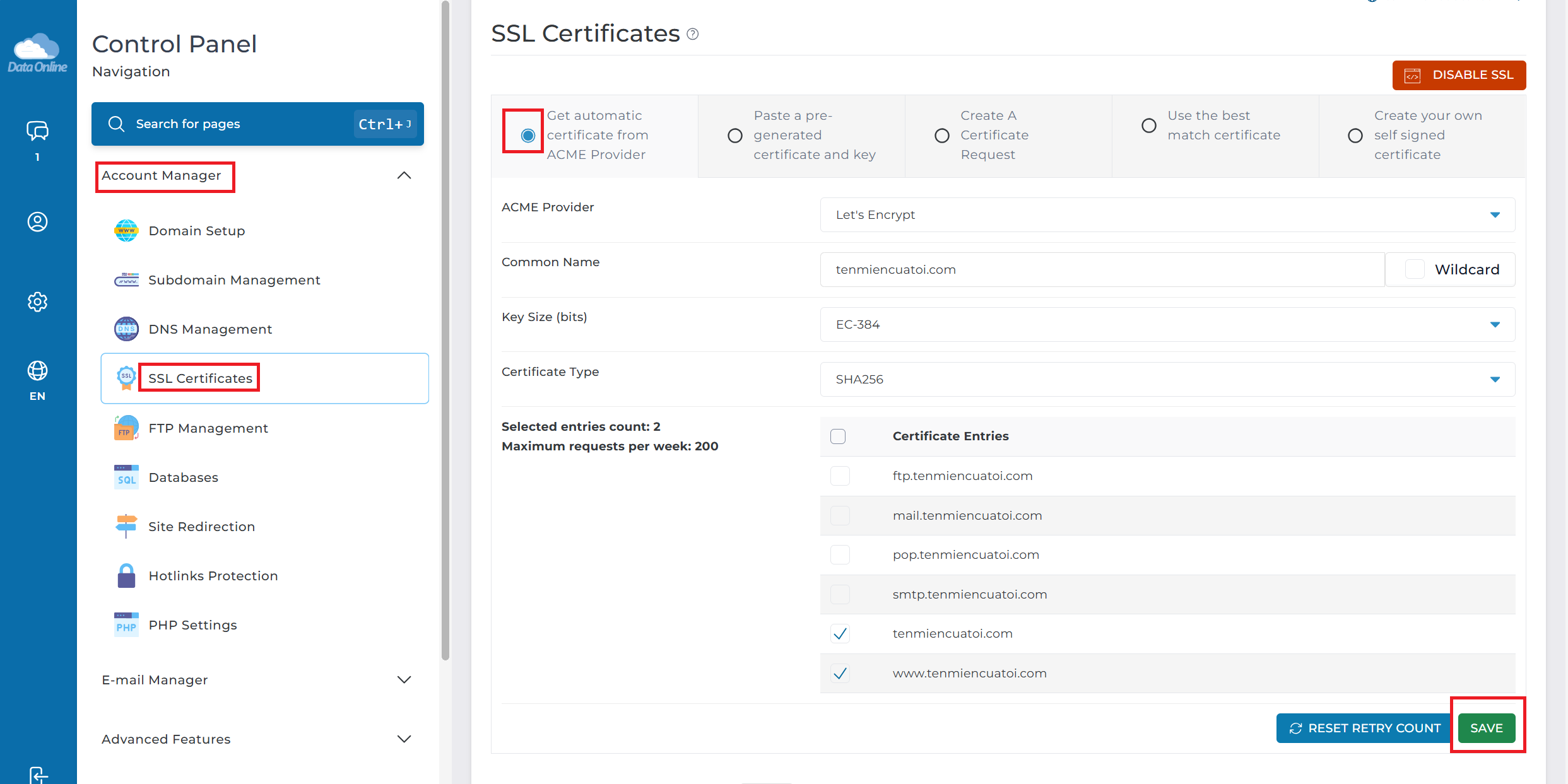 Get automatic certificate from ACME Provider