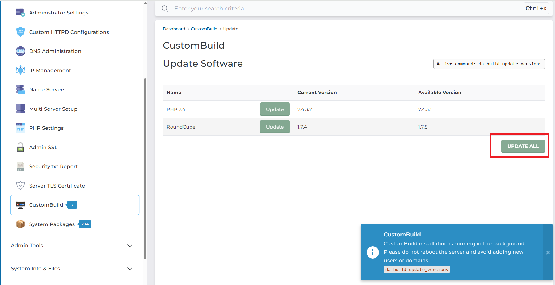 update PHP Directadmin CustomBuild 2