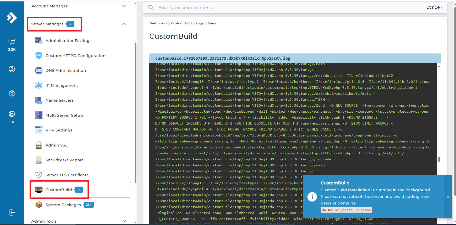 update PHP Directadmin CustomBuild